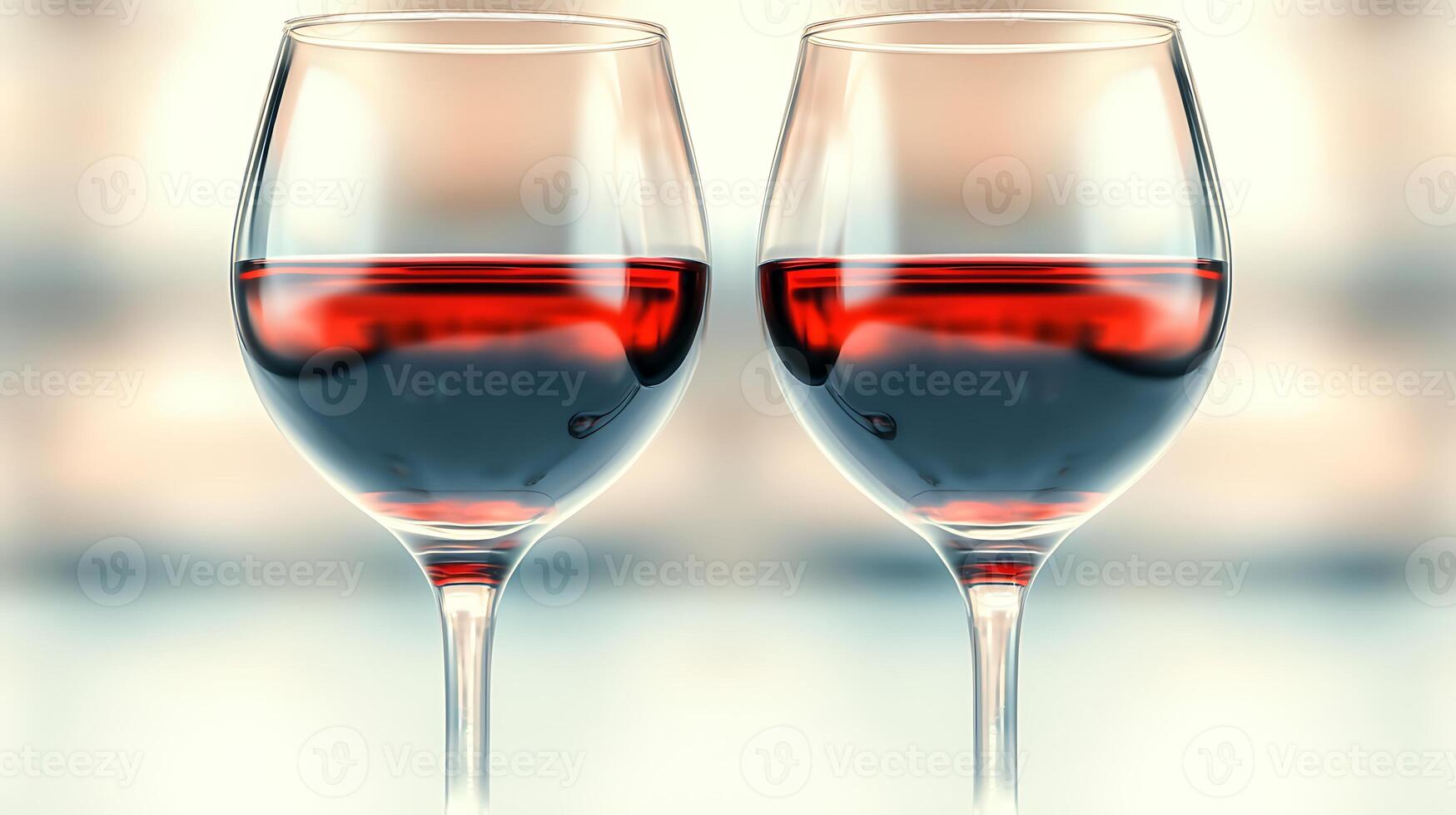 Two elegant wine glasses filled with red wine, set against a softly blurred background photo