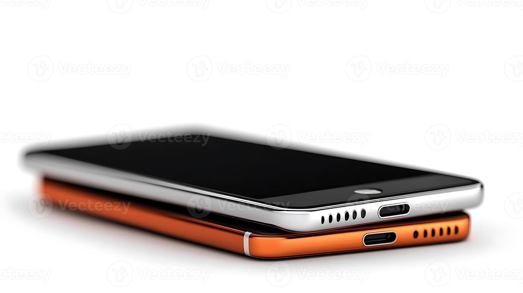 Two modern smartphones stacked on a clean surface, showcasing sleek designs and charging ports photo