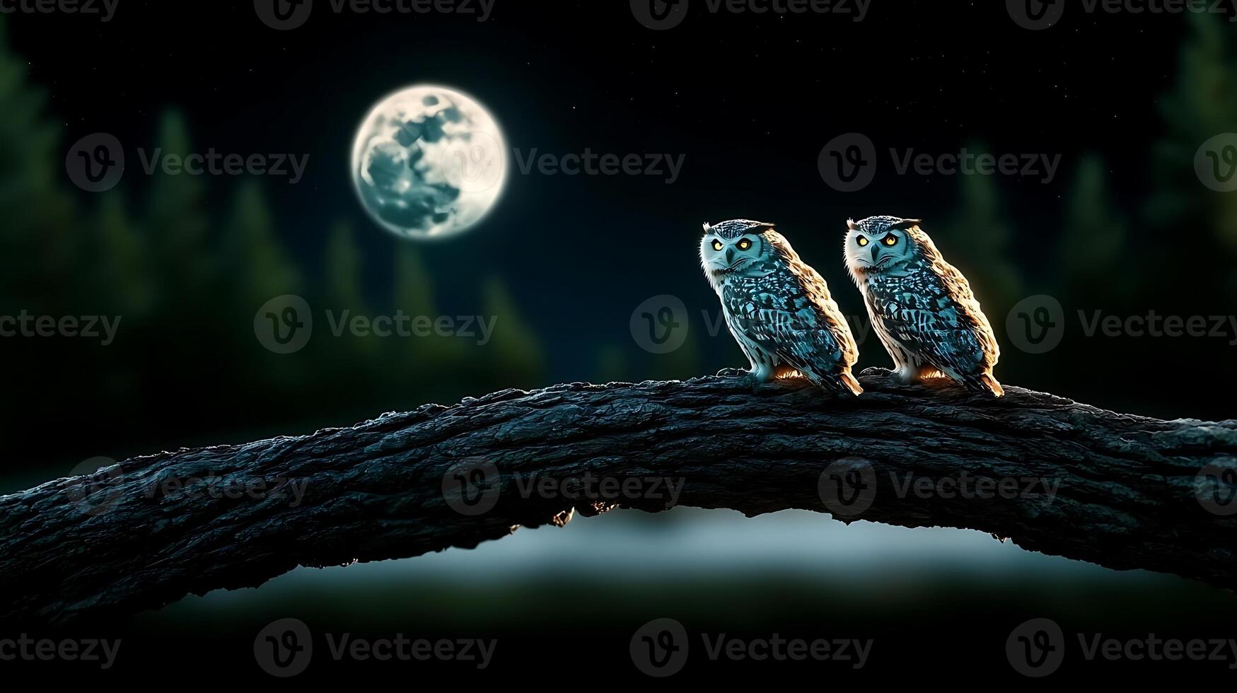 Two owls perched on a log under a full moon, surrounded by a serene forest at night photo
