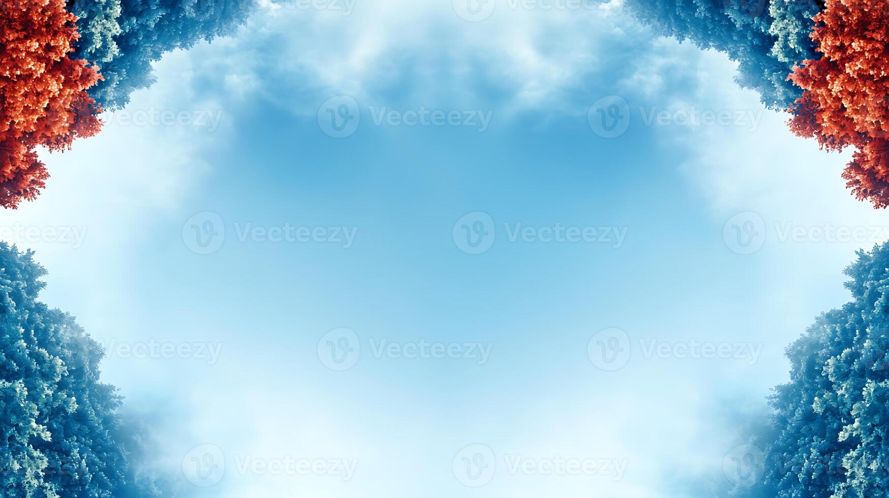 Vibrant forest canopy with colorful foliage under a clear blue sky, evoking tranquility photo