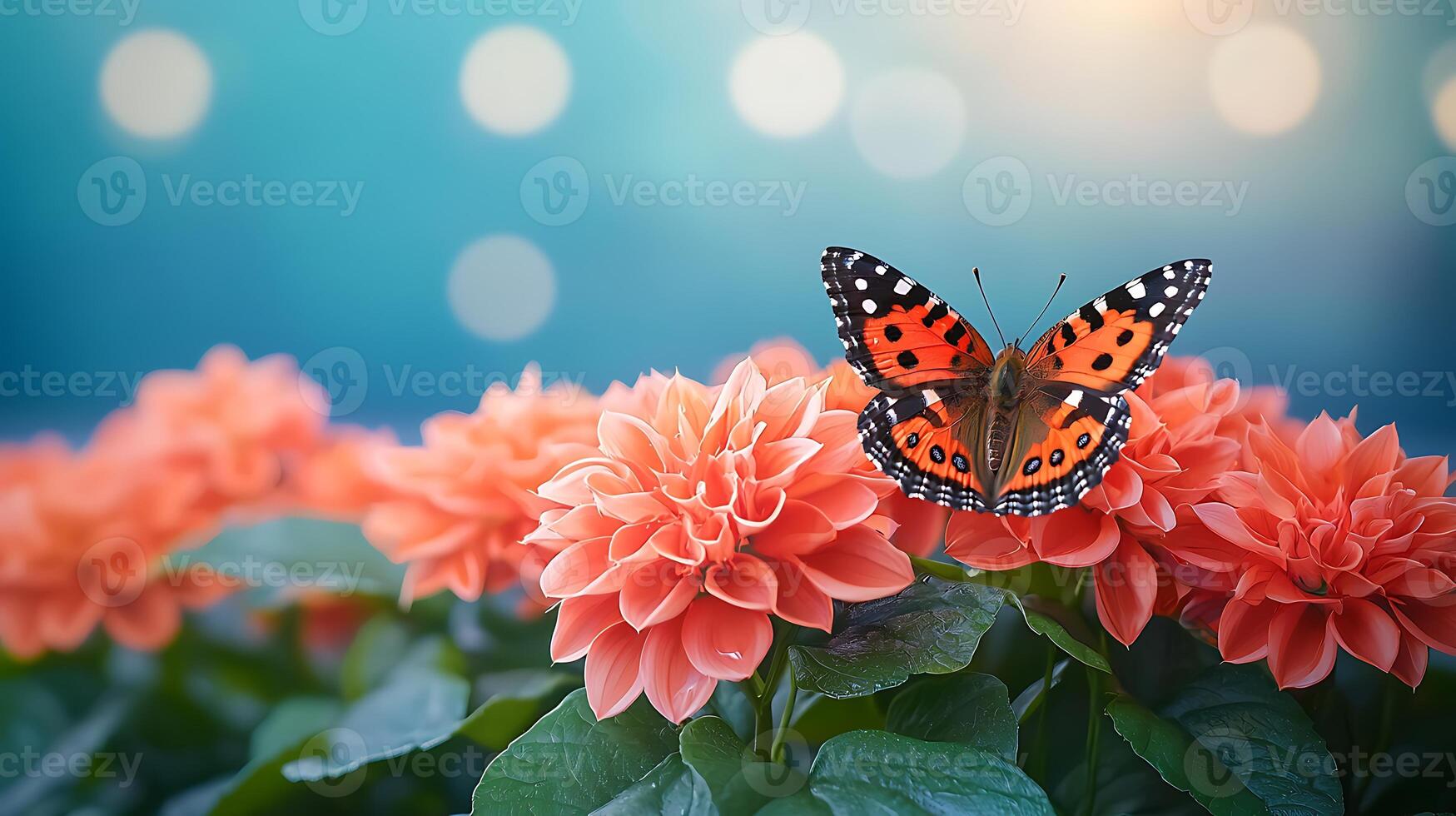 Vibrant butterfly perched on orange flowers with a dreamy bokeh background in a garden photo