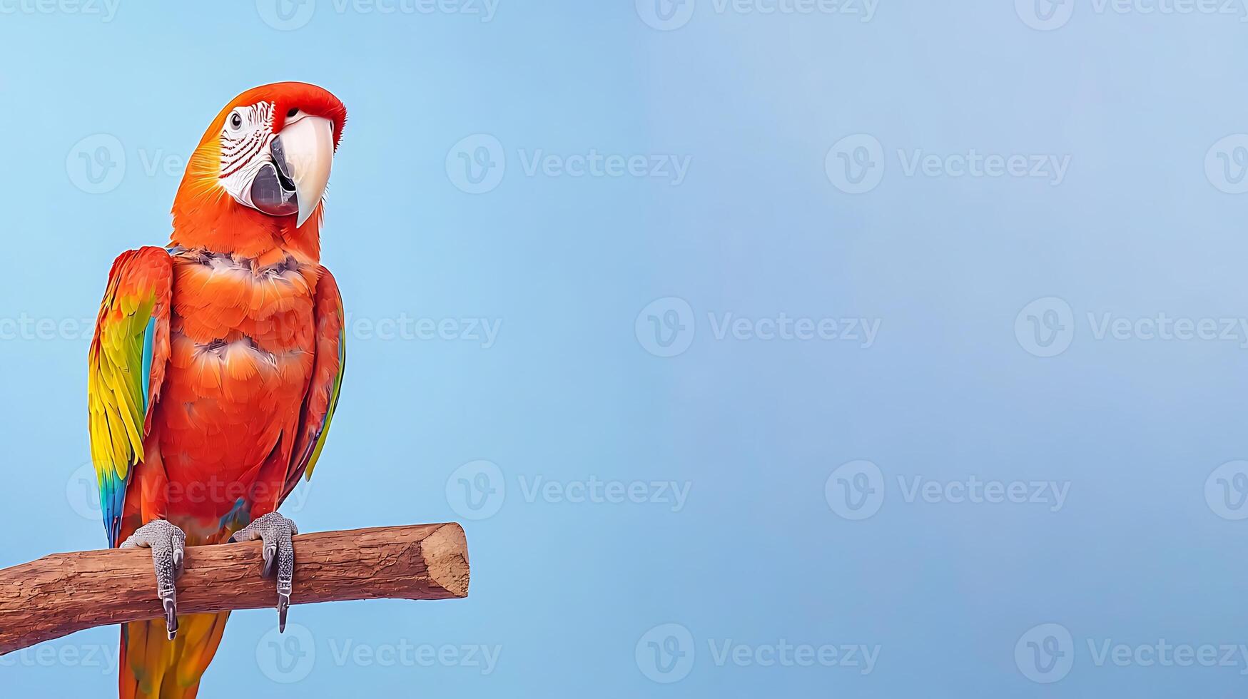 Vibrant macaw perched on a branch against a soft blue background, showcasing its colorful feathers photo