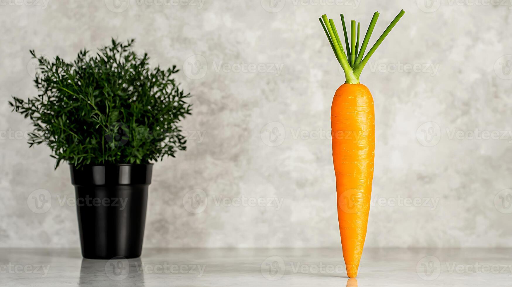 Vibrant orange carrot standing upright on a marble surface with a green plant in the background photo