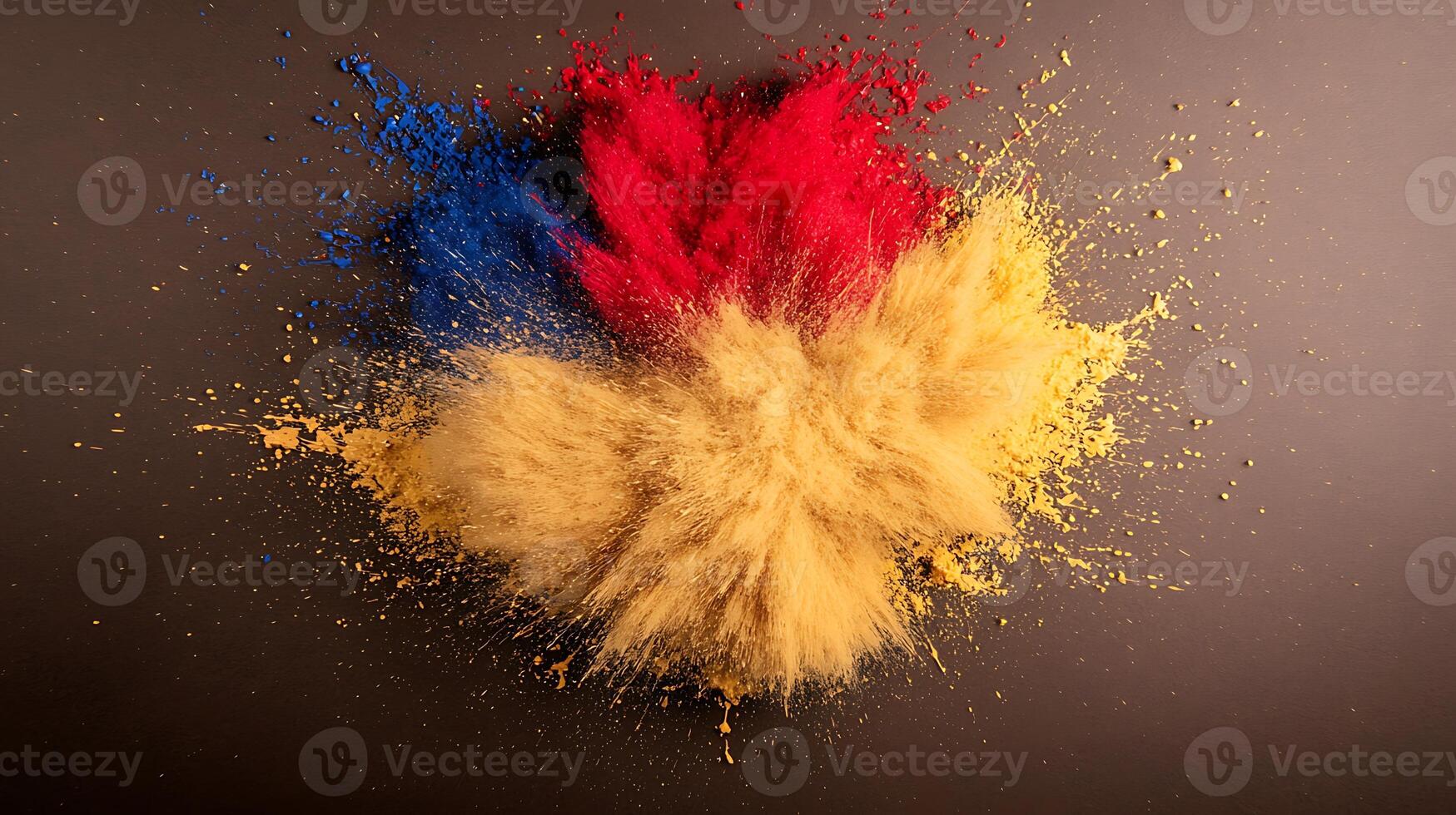 Vibrant explosion of colored powders creating a dynamic visual effect on a neutral background photo
