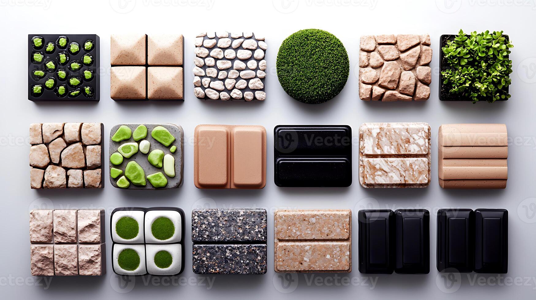 Various textured tiles arranged in a grid showcasing natural materials and colors, ideal for design inspiration photo