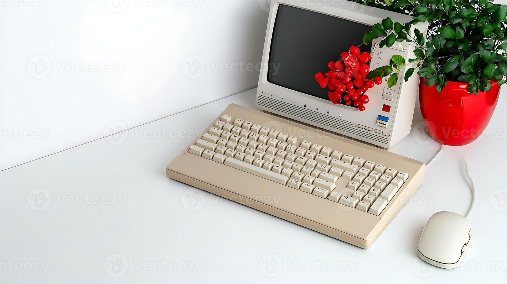 Vintage computer setup with a potted plant and decorative berries on a clean desk photo