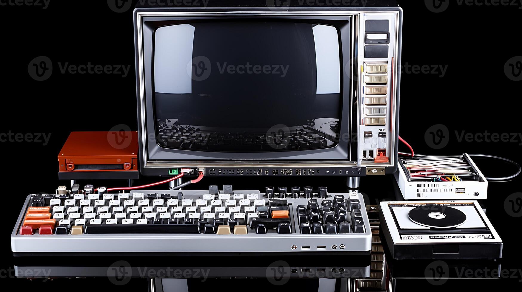 Vintage computer setup featuring a retro monitor, keyboard, and external disk drive on a black background photo