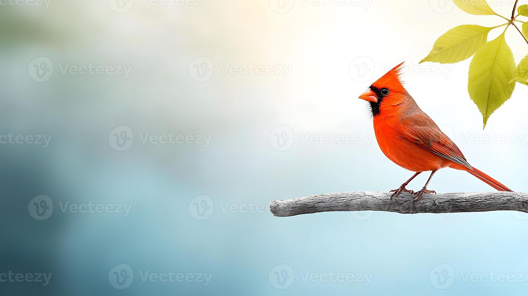 Vibrant red cardinal perched on a branch, surrounded by soft blurred background foliage photo
