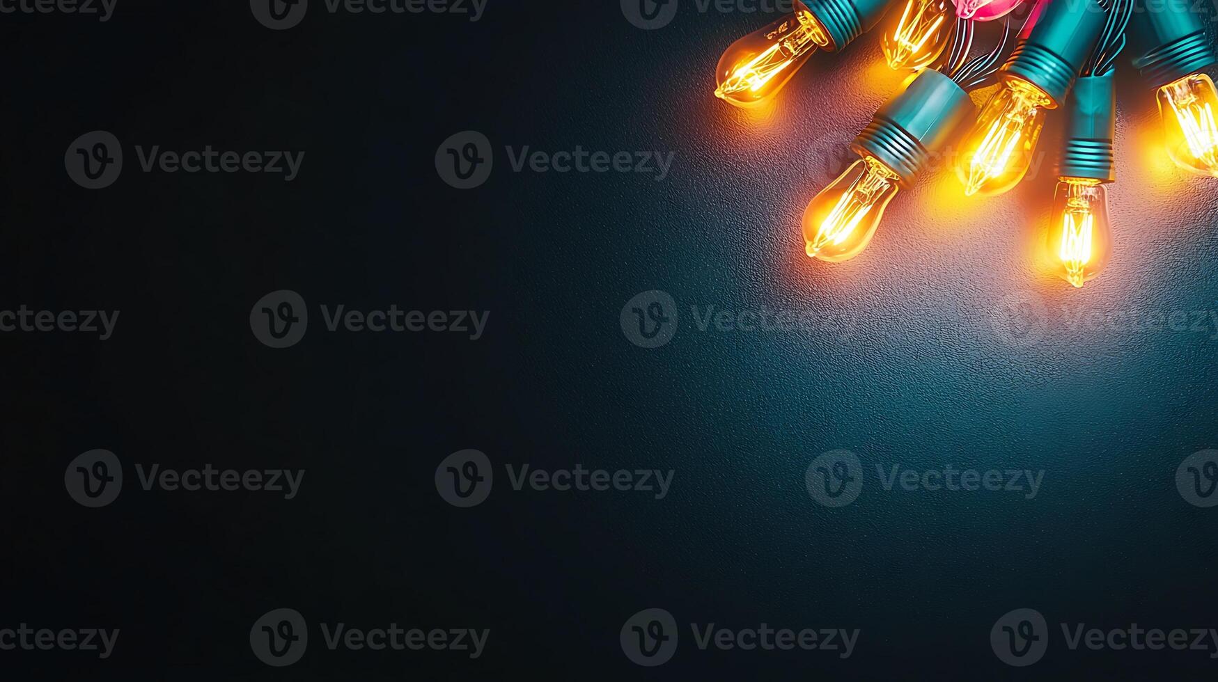 Vibrant string of colorful light bulbs glowing against a dark background, creating a festive atmosphere photo
