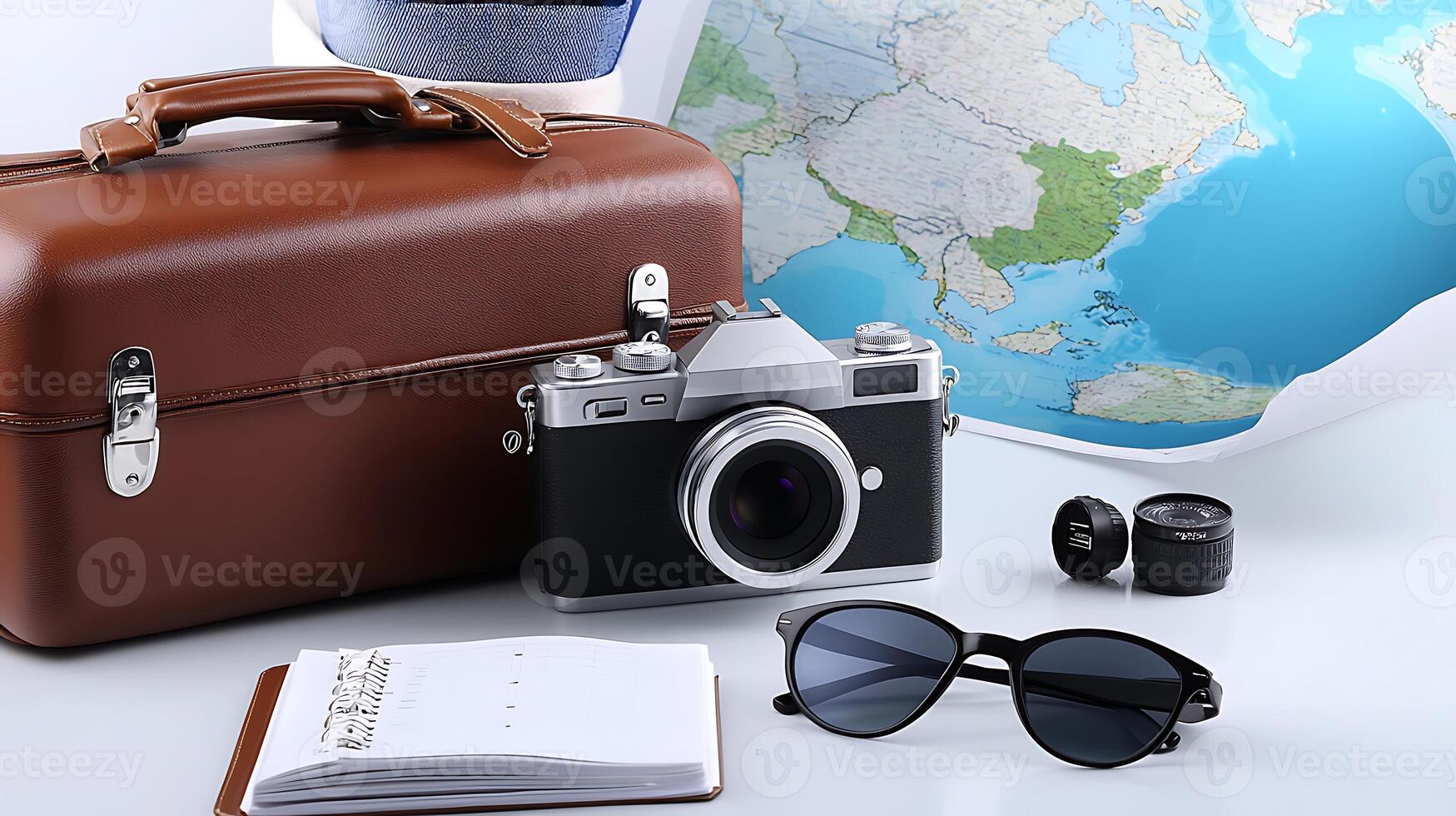 Vintage camera and travel essentials on a table with a world map in the background photo