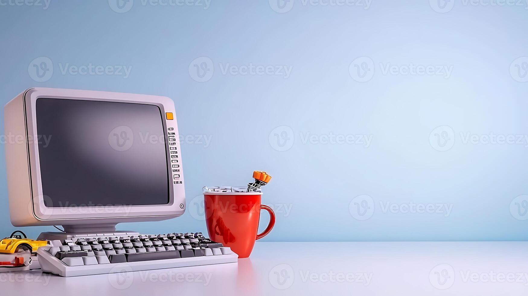 Vintage computer setup on a clean desk with a red mug and toy car, minimalist background photo