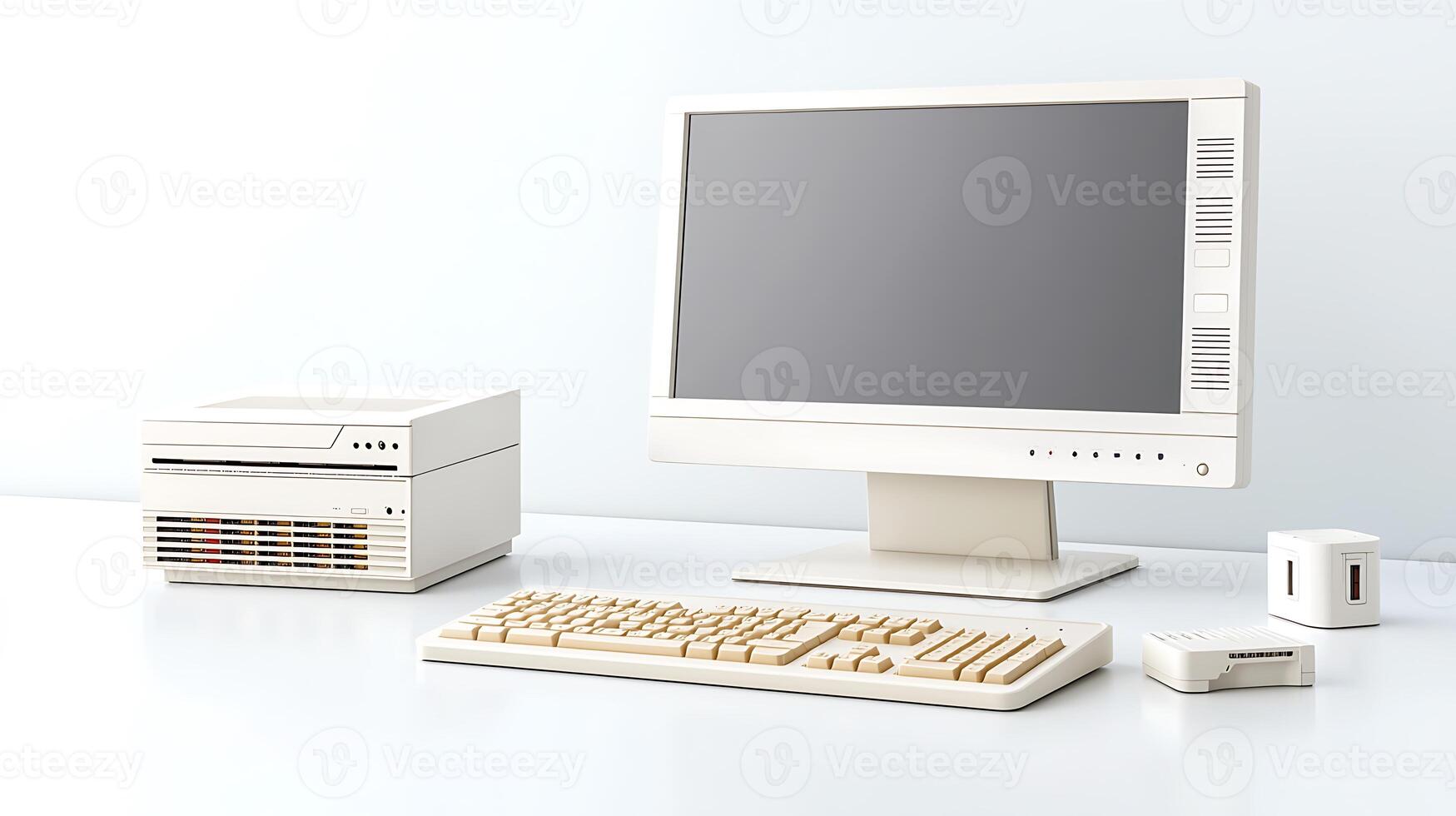 Vintage computer setup featuring a monitor, keyboard, and CPU on a clean desk with minimal decor photo