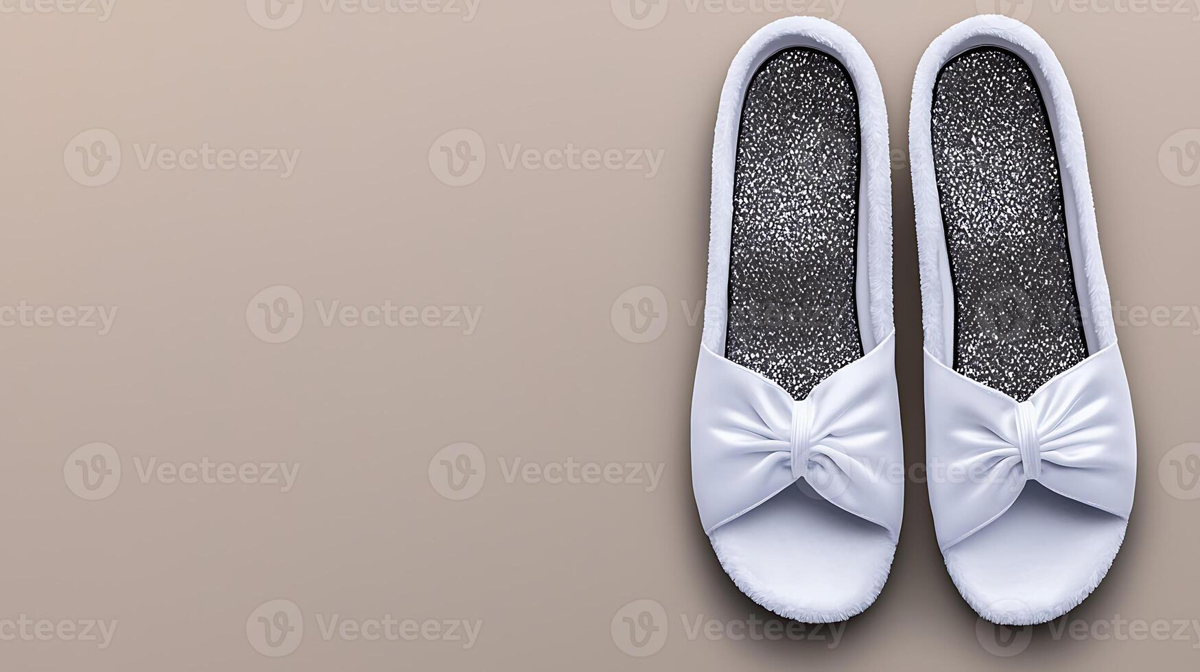 White slippers with a bow design resting on a smooth beige surface, ideal for fashion displays photo