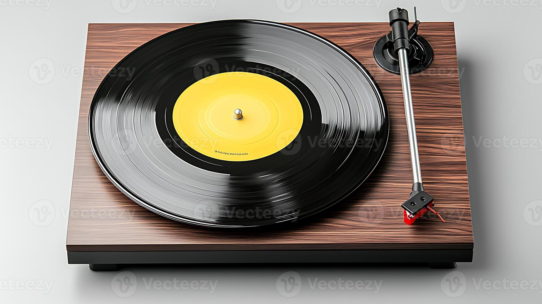 Vintage turntable playing a vinyl record on a wooden surface with soft lighting and shadows photo