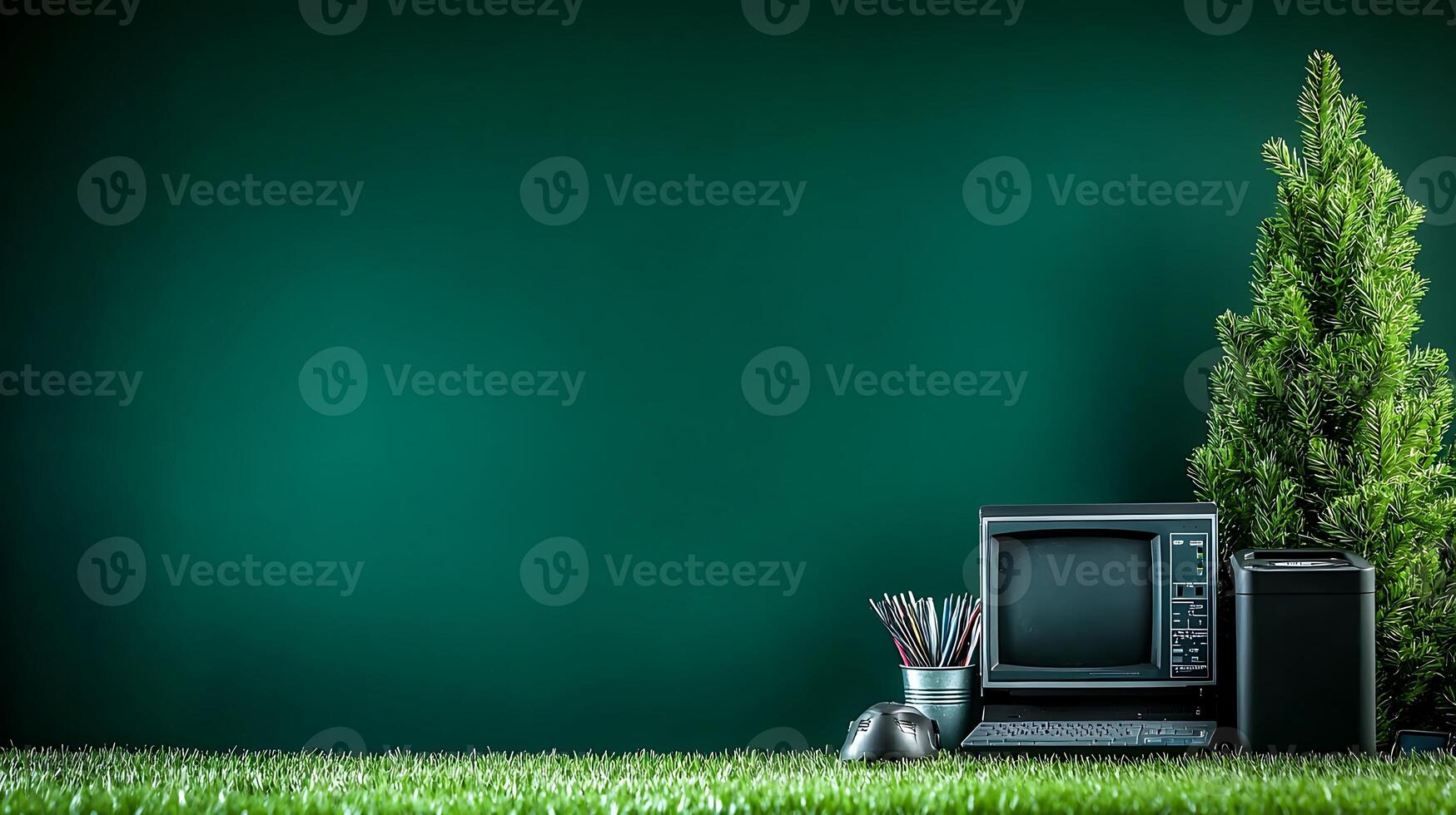 Vintage computer setup on grass with green wall backdrop, showcasing nostalgic technology and nature photo