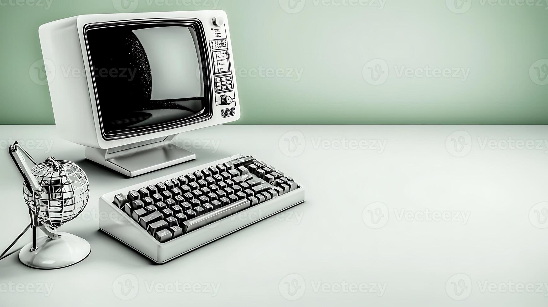 Vintage computer setup with keyboard and globe lamp on a minimalistic desk against a soft green backdrop photo