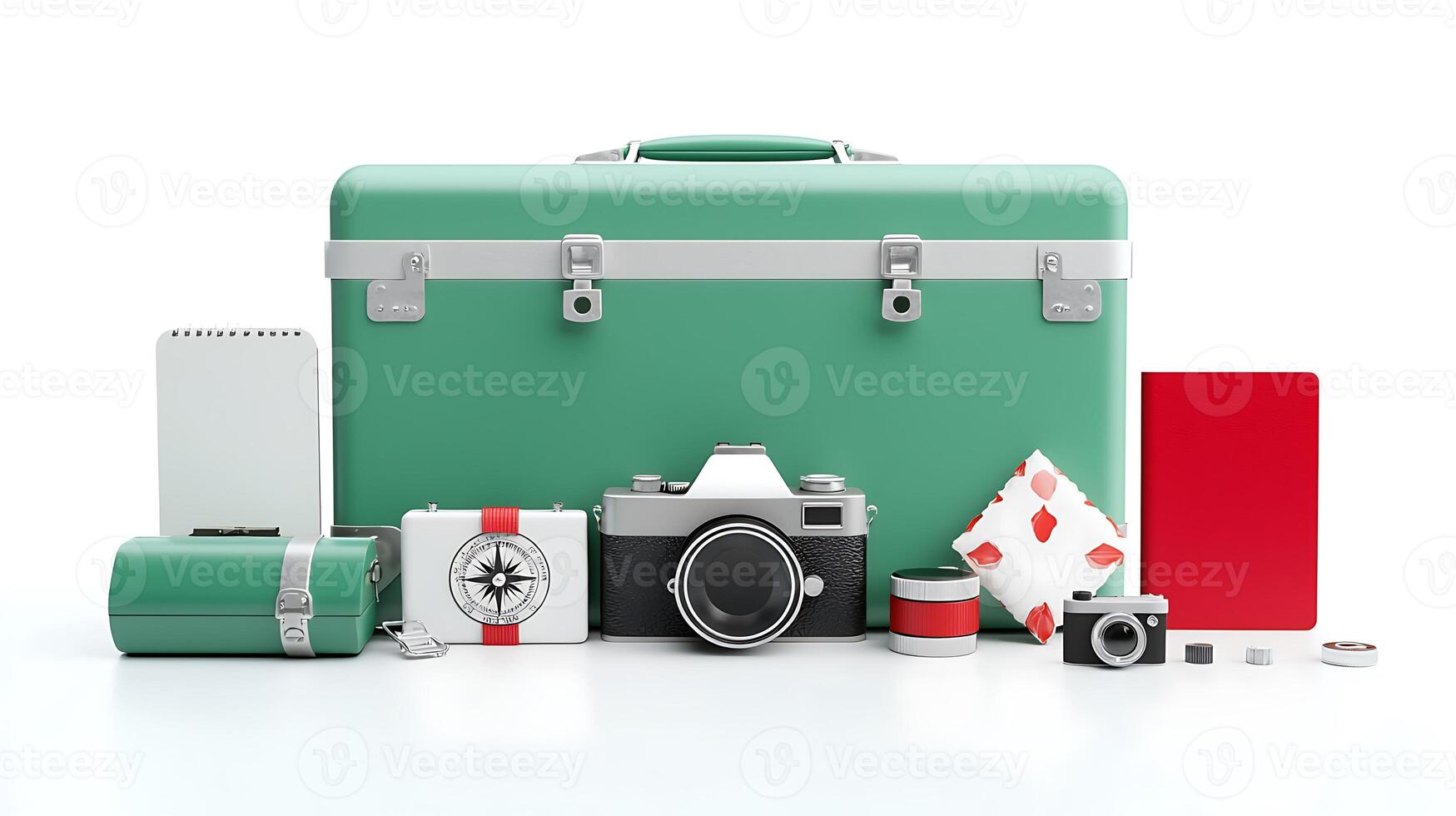 Vintage-style travel kit featuring a camera, compass, and assorted accessories on a clean background photo