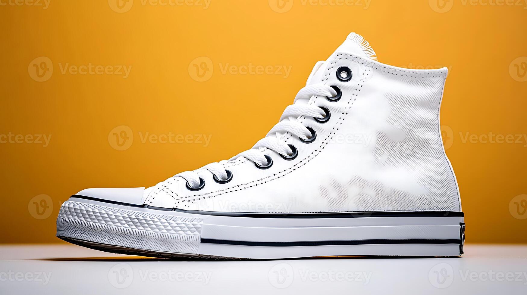 White high-top sneakers displayed against a vibrant orange background, emphasizing style and design photo