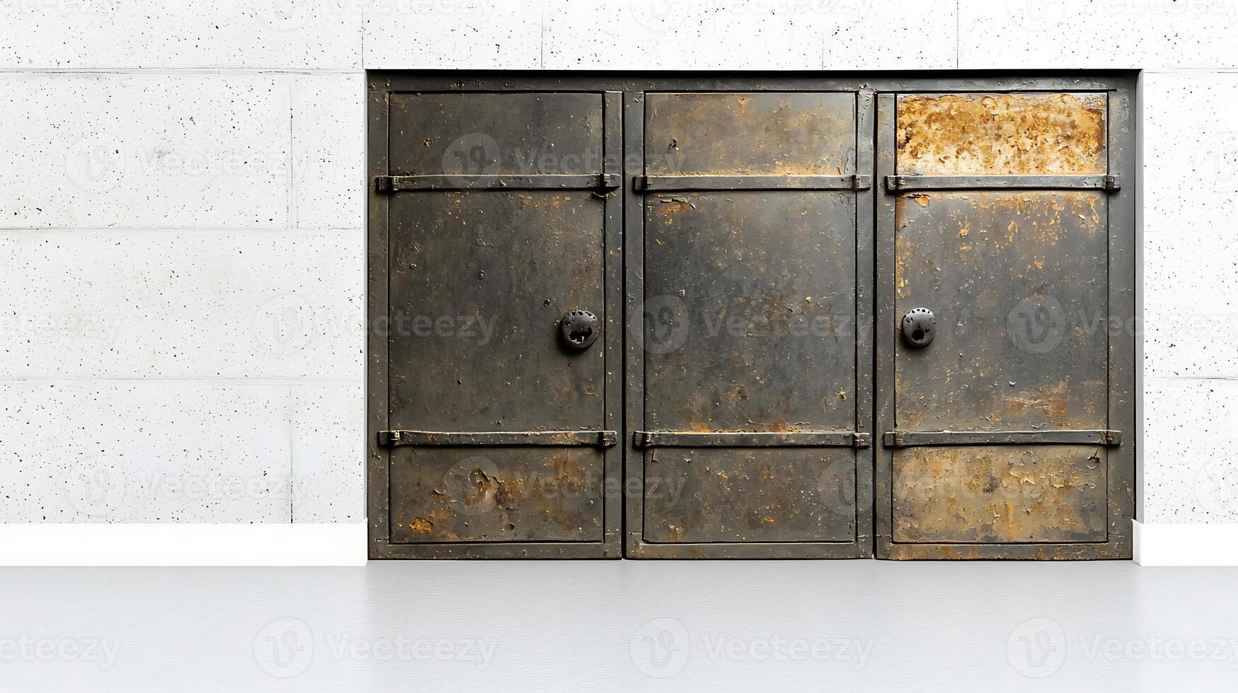 Vintage metal storage cabinets against a minimalist concrete wall in a modern interior photo