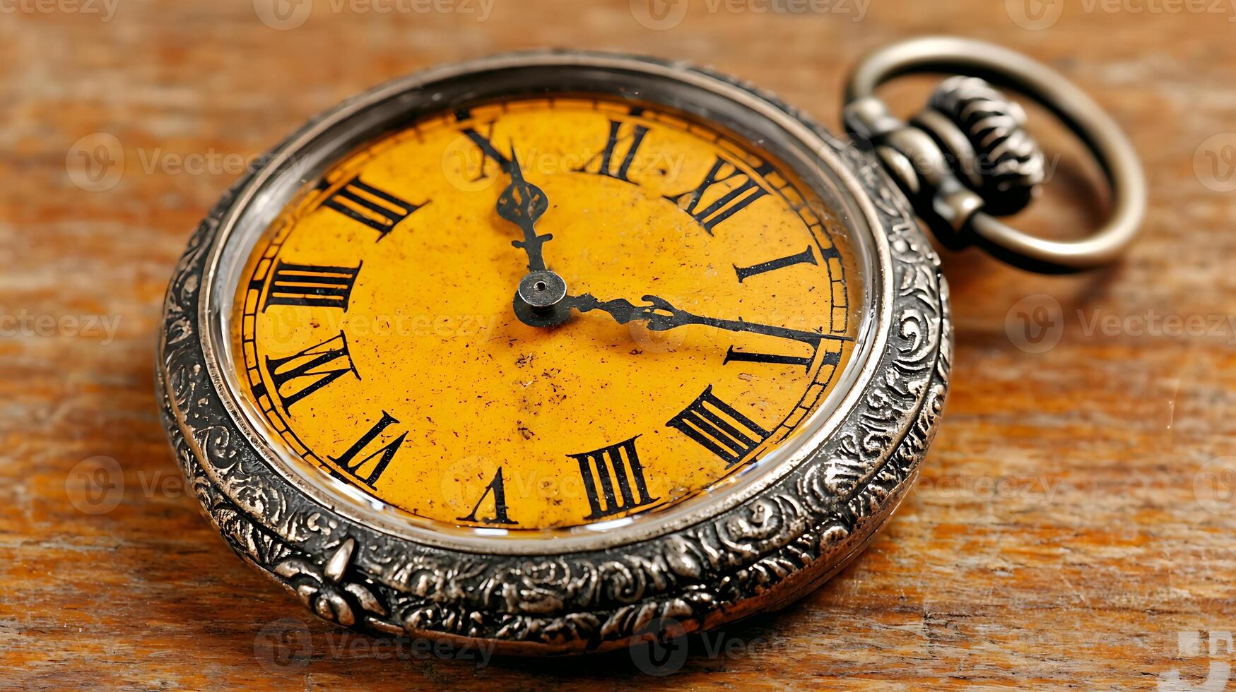Vintage pocket watch with ornate silver casing and yellowed face resting on a wooden surface photo