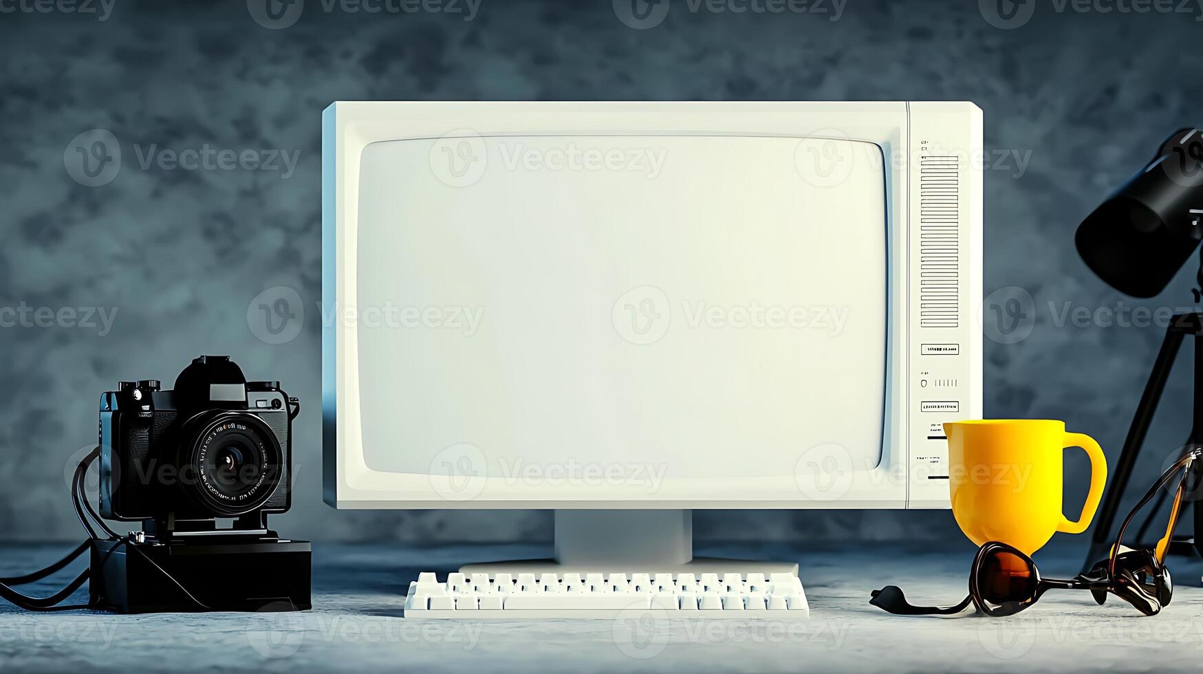 Vintage workspace featuring a blank monitor, camera, yellow mug, and desk lamp with a textured backdrop photo
