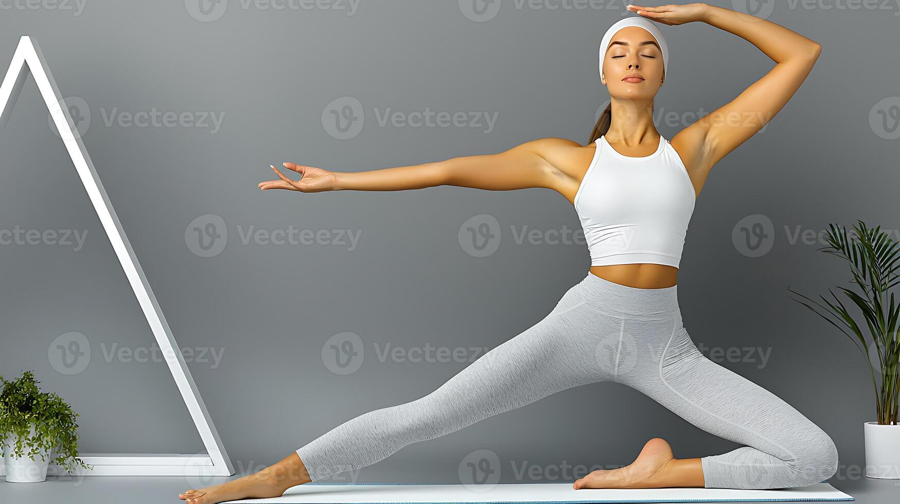 Woman practicing yoga in a serene indoor setting with modern decor and plants photo