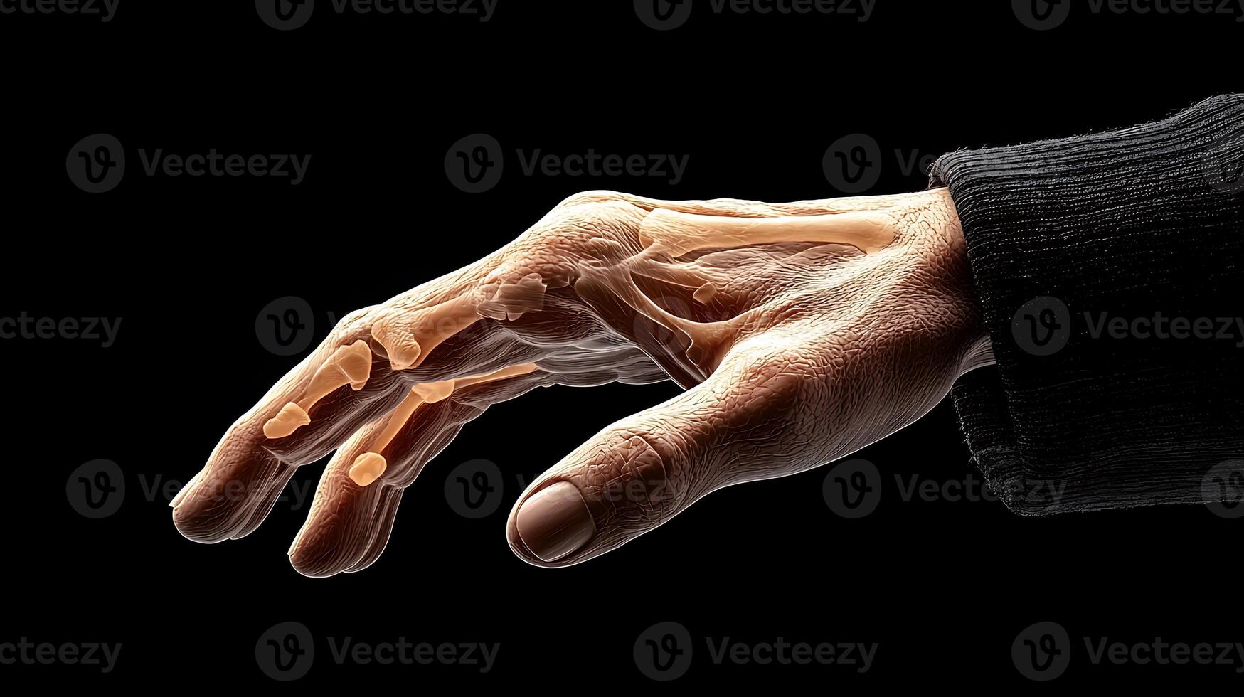 X-ray image of a human hand showcasing bone structure against a black background photo