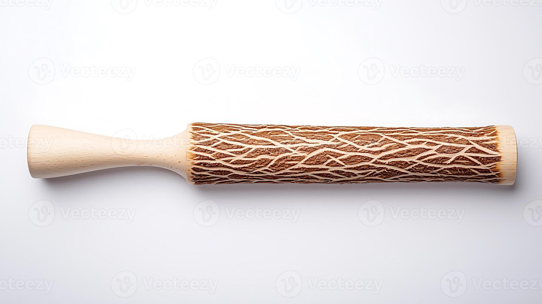 Wooden rolling pin with a textured handle resembling tree bark on a clean white background photo