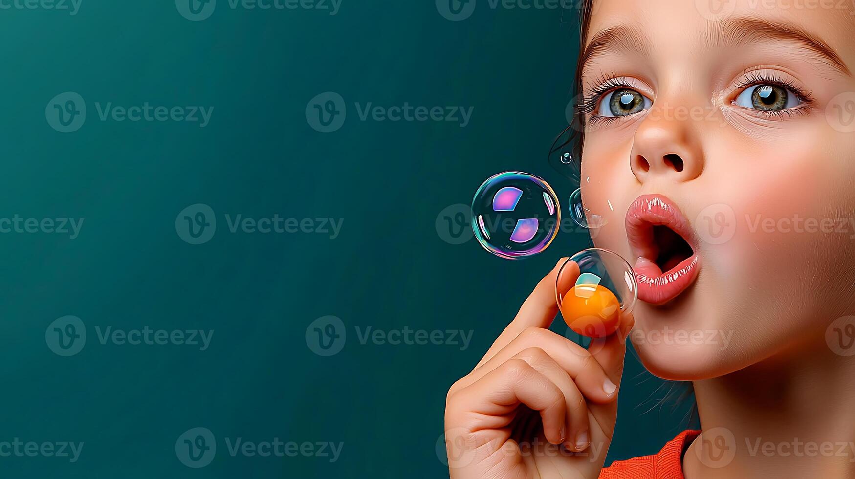 Young girl blowing bubbles with a playful expression against a colorful background photo