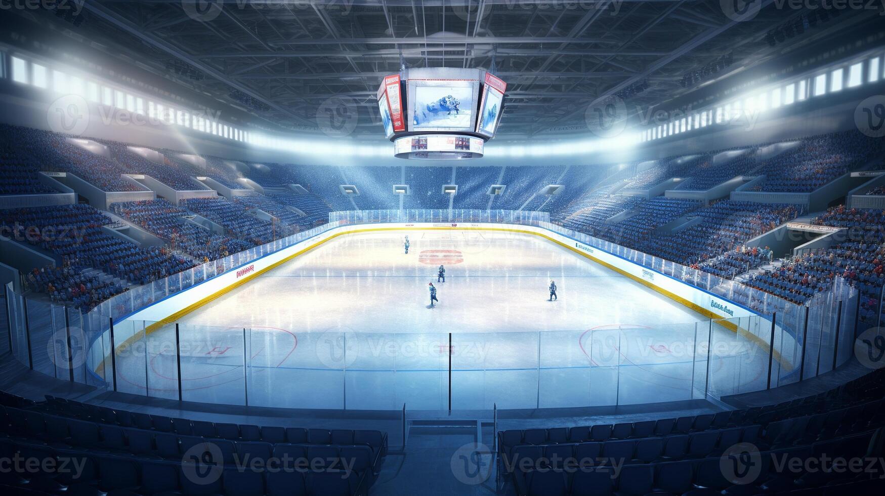 An empty hockey arena with a scoreboard and a scoreboard photo