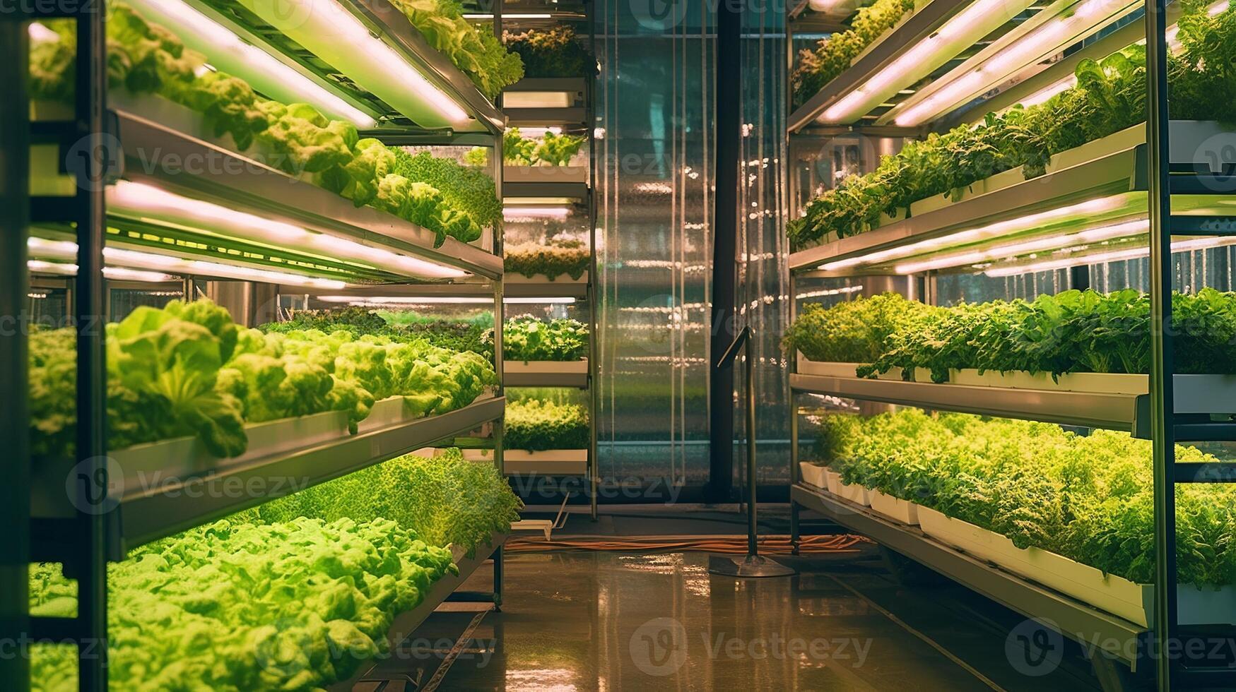 A large indoor farm with rows of lettuce photo