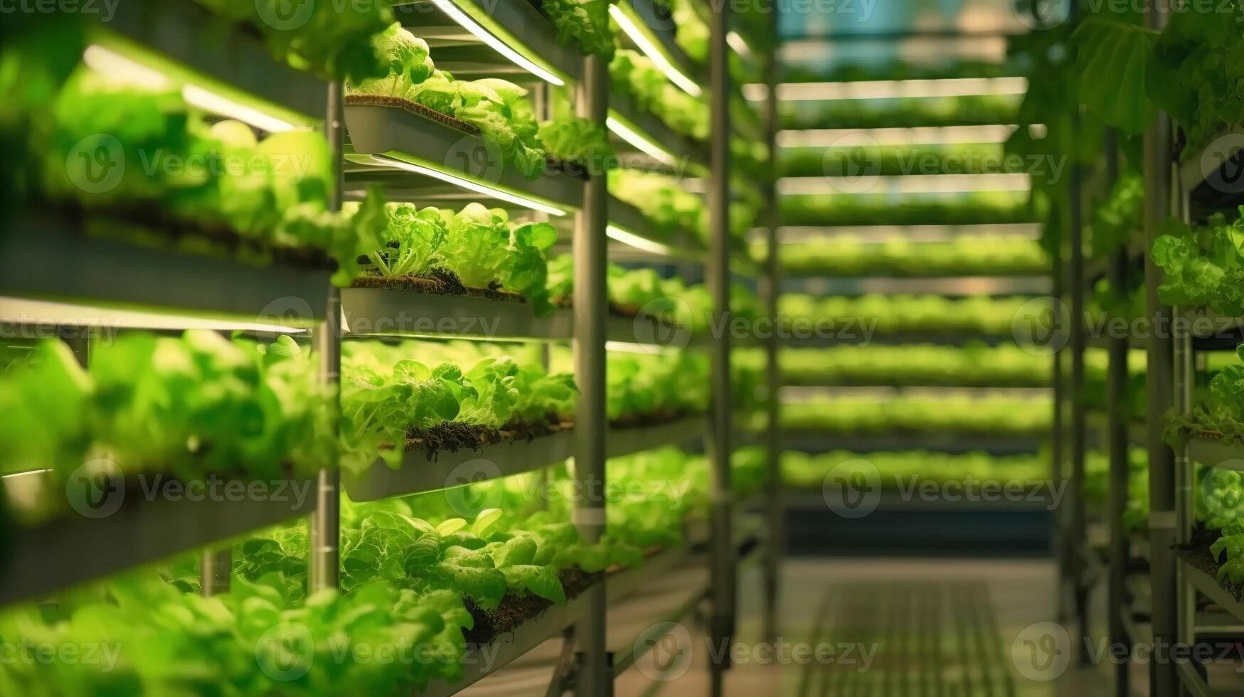 A large indoor farm with rows of lettuce photo