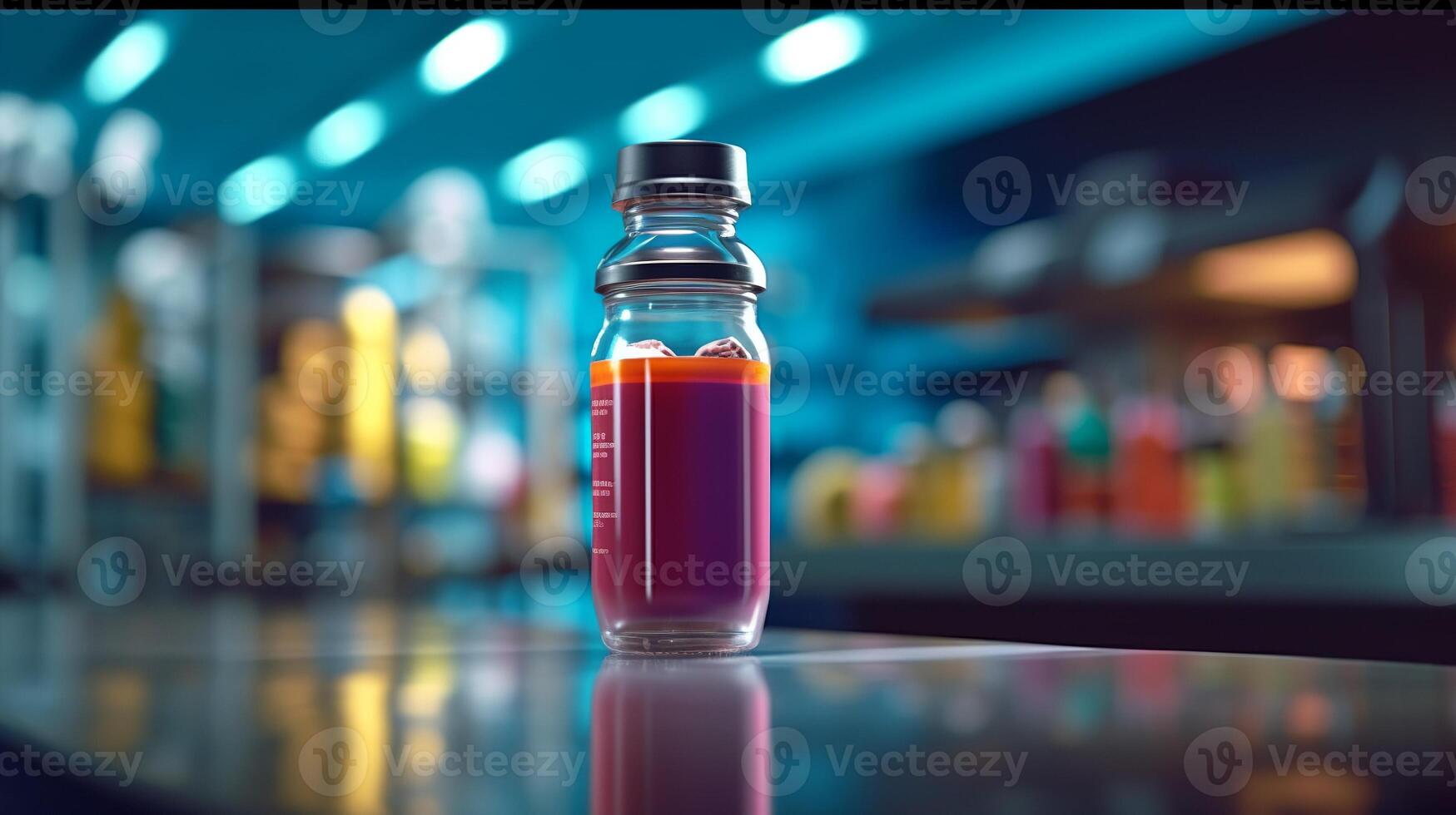A bottle of liquid sitting on a table photo