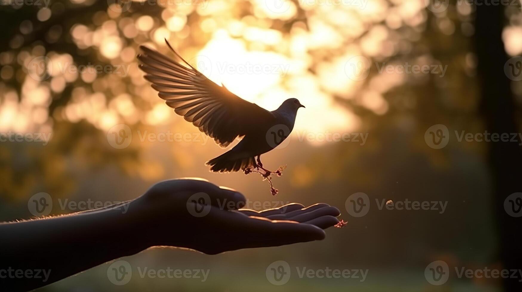A person holding a bird in their hand with the sun setting behind them photo