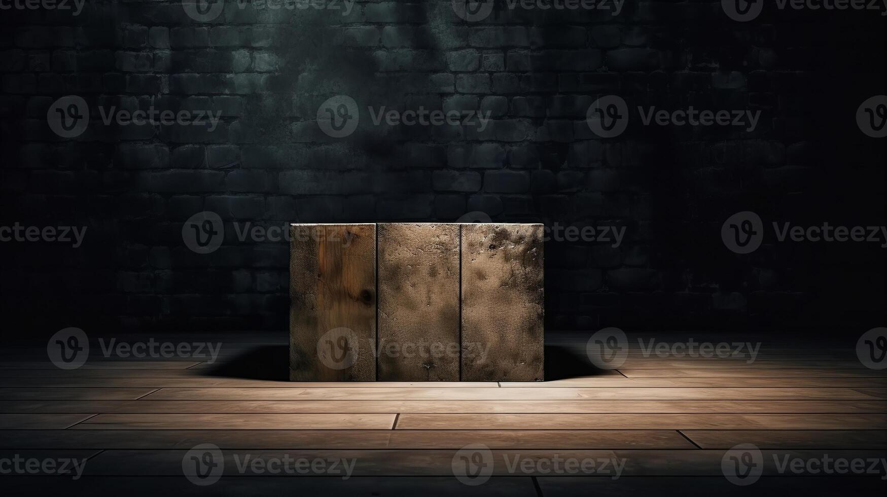 An empty wooden box in a dark room photo