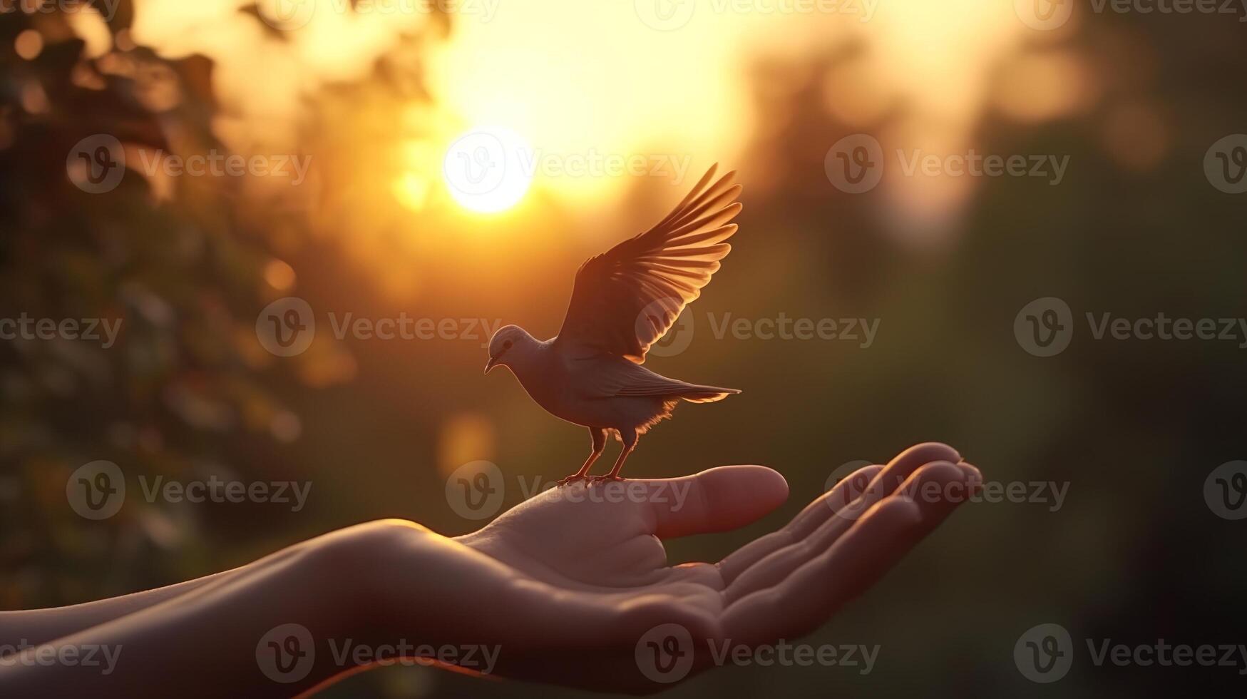 A person holding a bird in their hand with the sun setting in the background photo