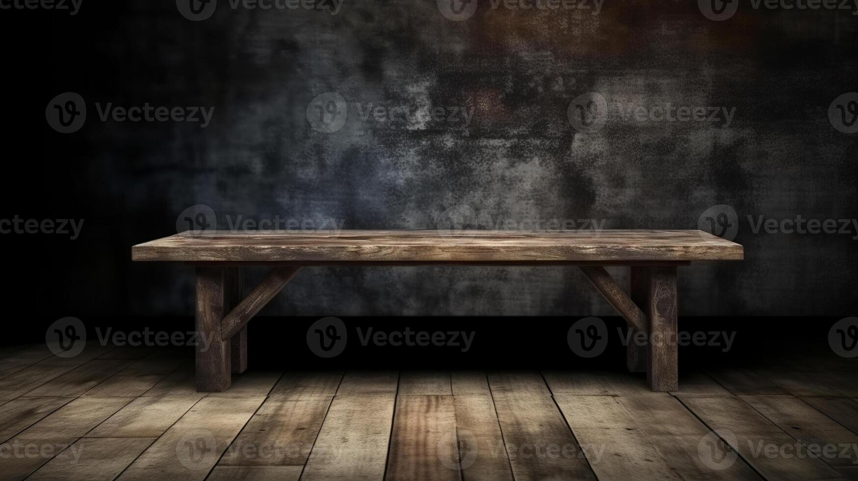 An empty table in front of a wall photo