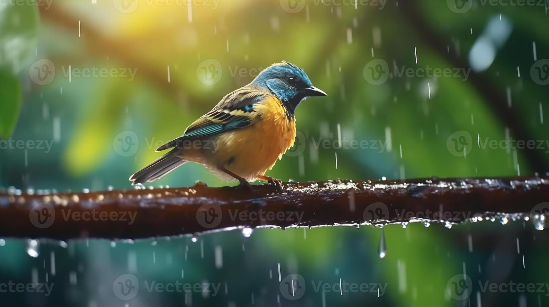 A bird is sitting on a branch in the rain photo