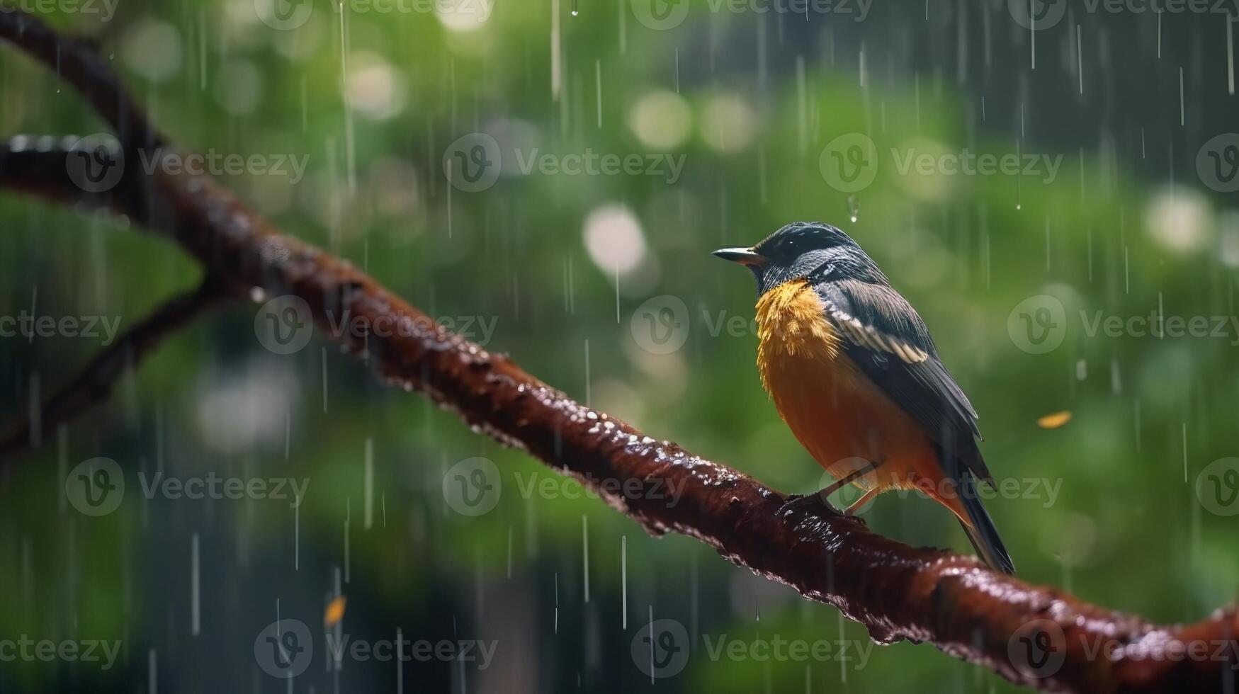 A bird is sitting on a branch in the rain photo