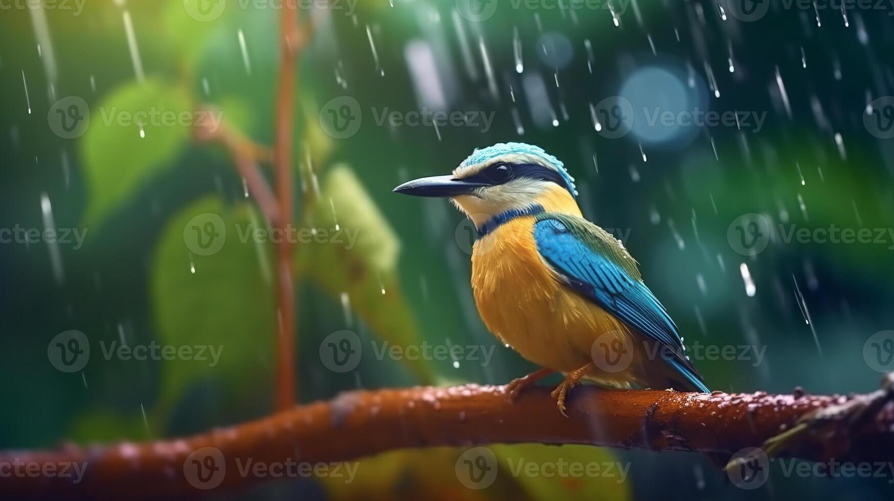 A bird sitting on a branch in the rain photo