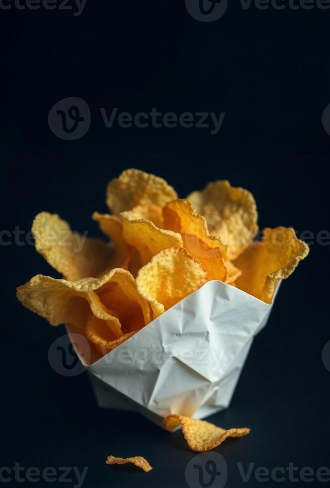 Crunchy corn chips overflowing from a white paper cone on a dark background photo