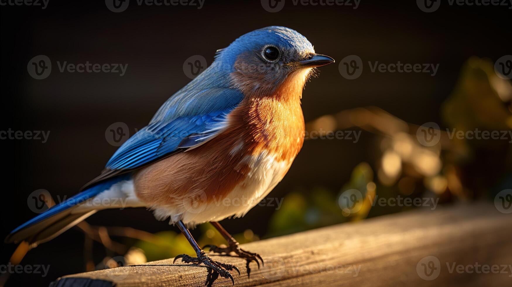 A blue and orange bird is perched on a wooden fence photo
