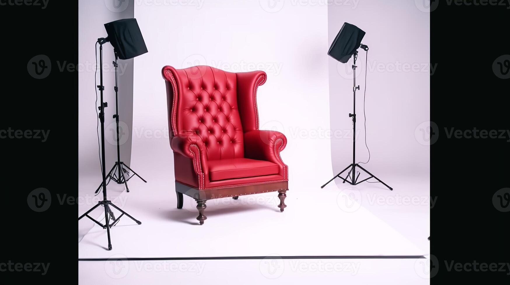 A red leather chair in front of a white backdrop photo