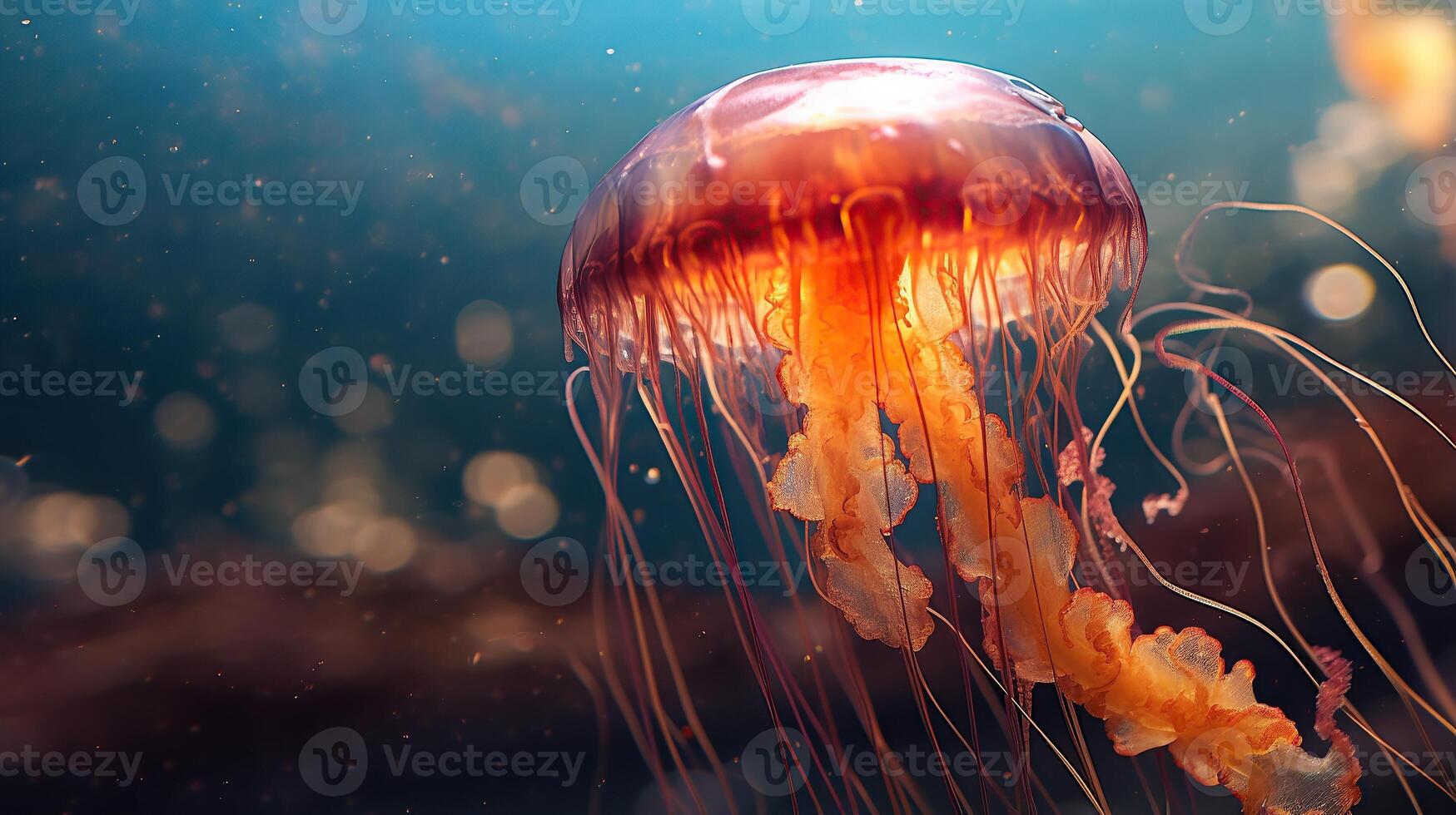A jellyfish floating in the ocean with water bubbles photo
