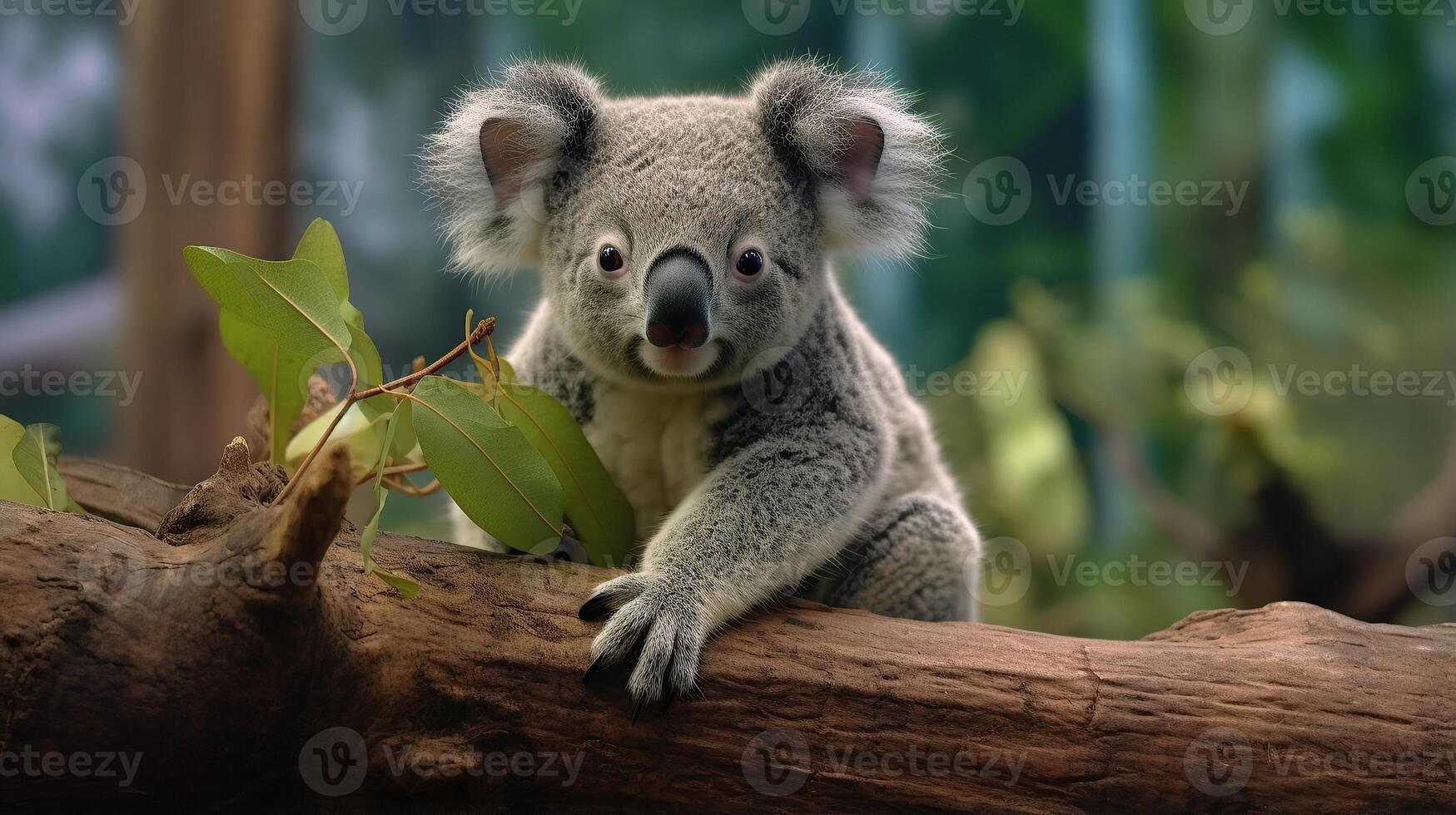 A koala is sitting on a branch in the forest photo