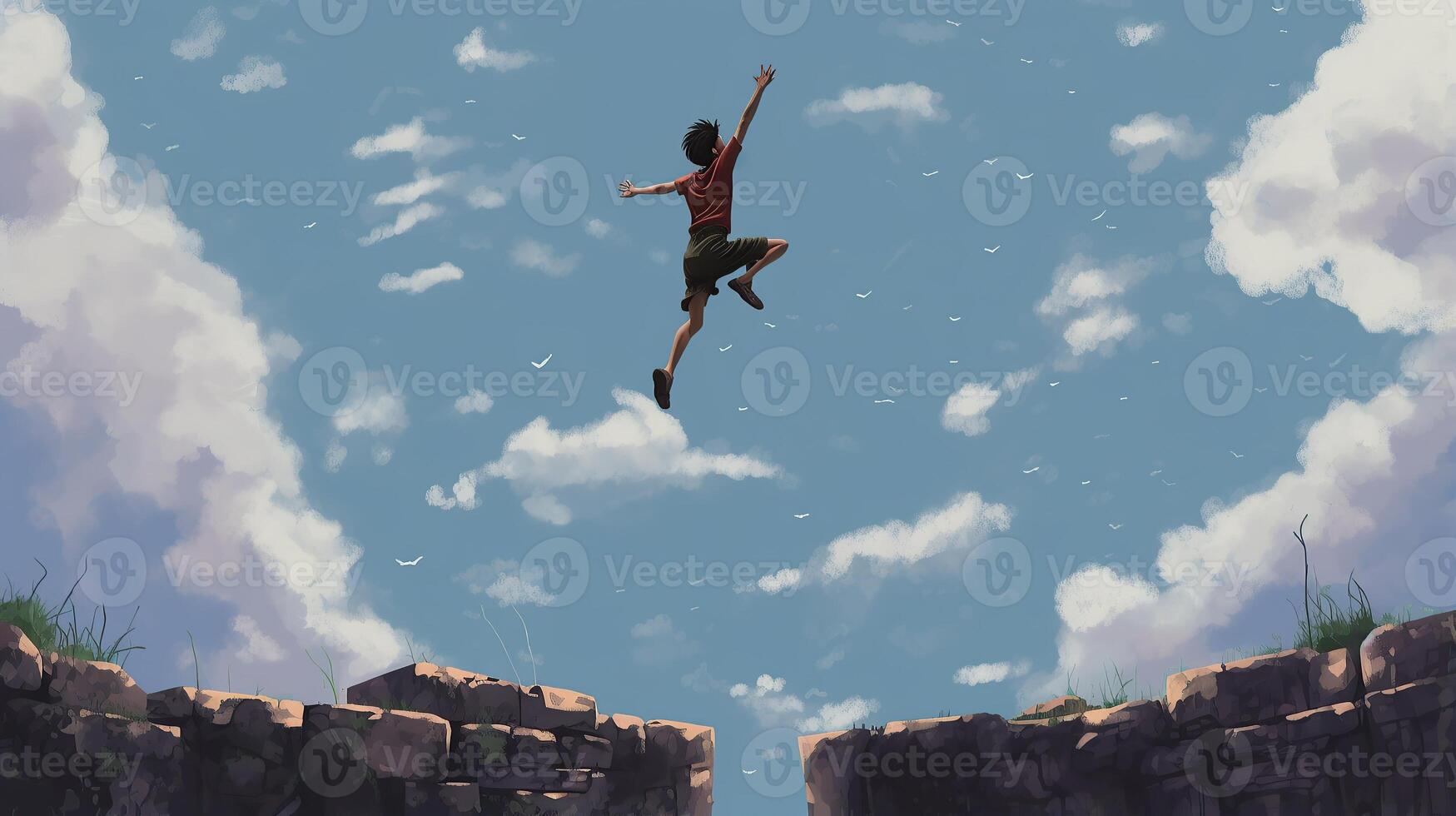 A boy jumping over a gap in the sky photo