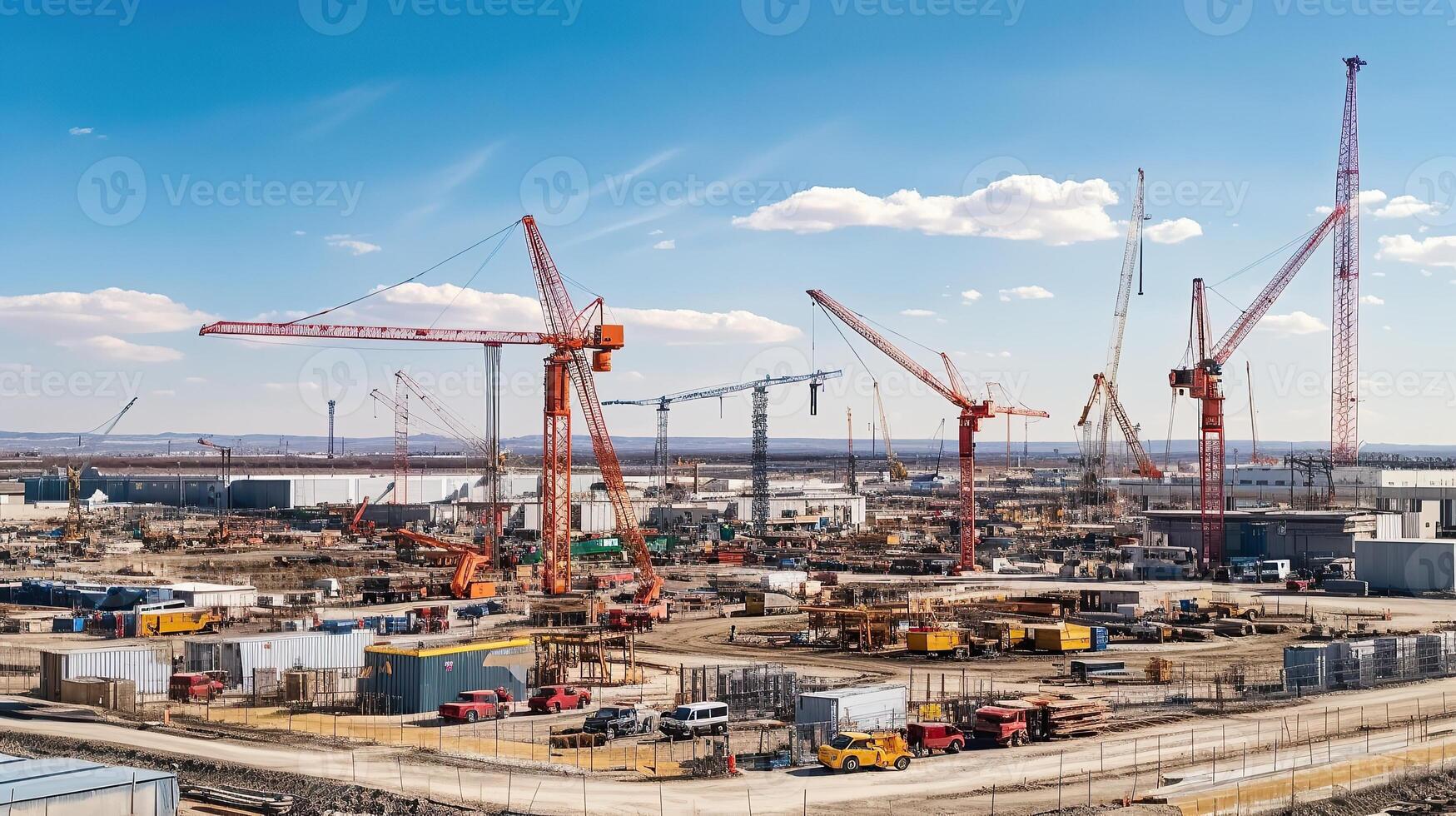 Construction site with cranes and construction equipment photo