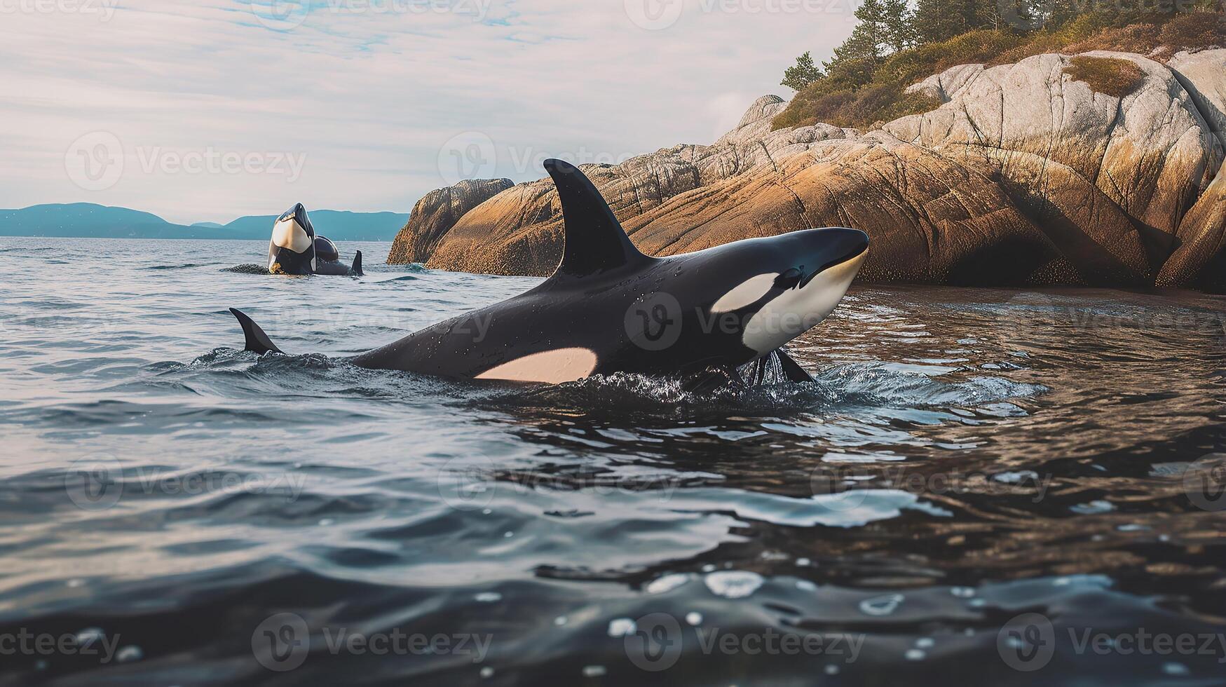 Two killer whales swimming in the ocean near rocks photo