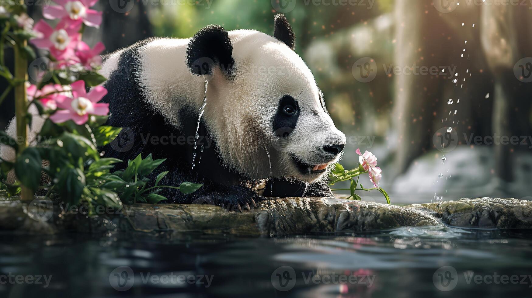 A panda bear is sitting in the water with flowers photo