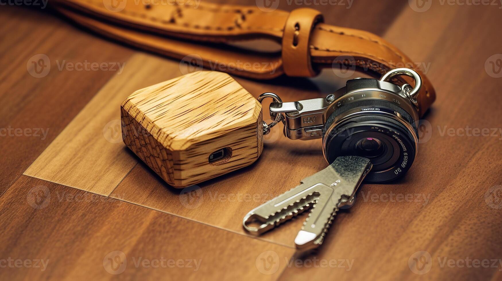 A wooden cube with a key and a camera photo